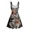 Robe gothique à motif de feuilles et de fleurs, buste froncé, col en cœur, mini robe de vacances trapèze - Noir XXXXXL | US 20