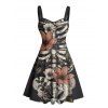 Robe gothique à motif de feuilles et de fleurs, buste froncé, col en cœur, mini robe de vacances trapèze - Noir XXXXXL | US 20