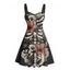 Robe gothique à motif de feuilles et de fleurs, buste froncé, col en cœur, mini robe de vacances trapèze - Noir XXXXXL | US 20