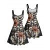 Robe gothique à motif de feuilles et de fleurs, buste froncé, col en cœur, mini robe de vacances trapèze - Noir XXXXXL | US 20