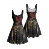 Gothic Couple Outfit Skeleton Rose Pattern Ruched Bust Sweetheart Neck A Line Mini Dress and Button Up Shirt Holiday Matching Outfit - Noir S | US 4