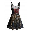 Gothic Couple Outfit Skeleton Rose Pattern Ruched Bust Sweetheart Neck A Line Mini Dress and Button Up Shirt Holiday Matching Outfit - Noir S | US 4