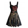 Gothic Couple Outfit Skeleton Rose Pattern Ruched Bust Sweetheart Neck A Line Mini Dress and Button Up Shirt Holiday Matching Outfit - Noir S | US 4
