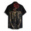 Chemise gothique à manches courtes et boutons pour homme, motif squelette et roses, style vacances - Noir 5XL