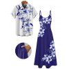 Tenue de vacances pour couple : robe longue débardeur trapèze à bretelles spaghetti, poches et imprimé floral lys, et chemise boutonnée assortie. - Bleu profond S | US 4