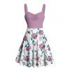 Robe de vacances à motif floral et feuilles, buste froncé, col en cœur, coupe trapèze, mini, décontractée - Violet clair XXXXXL | US 20
