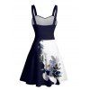 Robe de vacances à motif de feuilles et de fleurs de couleur contrastée, buste froncé, col en cœur, robe trapèze décontractée mini - Bleu profond XXXXXL | US 20