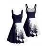 Robe de vacances à motif de feuilles et de fleurs de couleur contrastée, buste froncé, col en cœur, robe trapèze décontractée mini - Bleu profond XXXXXL | US 20
