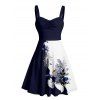 Robe de vacances à motif de feuilles et de fleurs de couleur contrastée, buste froncé, col en cœur, robe trapèze décontractée mini - Bleu profond XXXXXL | US 20