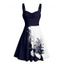 Robe de vacances à motif de feuilles et de fleurs de couleur contrastée, buste froncé, col en cœur, robe trapèze décontractée mini - Bleu profond XXXXXL | US 20
