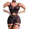 Ensemble de lingerie 5 pièces, couleur unie, maille transparente, ras du cou, anneau en O, découpes, string en T - Noir L | US 8