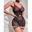 Ensemble de lingerie 5 pièces, couleur unie, maille transparente, ras du cou, anneau en O, découpes, string en T - Noir L | US 8
