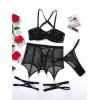 Ensemble de lingerie 4 pièces, couleur unie, maille transparente, push-up, string croisé, lingerie à lacets - Noir XL | US 10