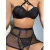 Ensemble de lingerie 4 pièces, couleur unie, maille transparente, push-up, string croisé, lingerie à lacets - Noir XL | US 10