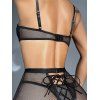 Ensemble de lingerie 4 pièces, couleur unie, maille transparente, push-up, string croisé, lingerie à lacets - Noir XL | US 10