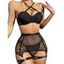 Ensemble de lingerie 4 pièces, couleur unie, maille transparente, push-up, string croisé, lingerie à lacets - Noir XL | US 10