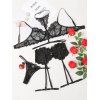 Ensemble de lingerie 3 pièces, couleur unie, empiècement en dentelle, transparent, ajouré, soutien-gorge à armatures, string - Noir XXL | US 12
