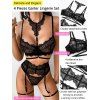 Ensemble de lingerie 3 pièces, couleur unie, empiècement en dentelle, transparent, ajouré, soutien-gorge à armatures, string - Noir XXL | US 12