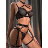 Ensemble de lingerie de couleur unie en résille transparente, ajourée, festonnée, push-up, croisé, string - Noir L | US 8
