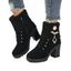 Knitted Faux Pearl Rhinestone Geometric Embellishment Boots Lace Up Side Zipper Chunky Heels Outdoor Boots - café EU 41