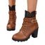 Lace Panel Buckle Strap Lace Up Boots Back Zipper Chunky Heels Outdoor Boots - café EU 42