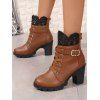 Lace Panel Buckle Strap Lace Up Boots Back Zipper Chunky Heels Outdoor Boots - café EU 42