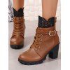 Lace Panel Buckle Strap Lace Up Boots Back Zipper Chunky Heels Outdoor Boots - café EU 42