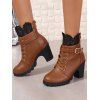Lace Panel Buckle Strap Lace Up Boots Back Zipper Chunky Heels Outdoor Boots - café EU 42