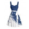 Robe courte ceinturée à imprimé feuilles colorblock, sans manches, buste froncé, robe de vacances - Bleu XXXXXL | US 20