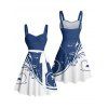 Robe courte ceinturée à imprimé feuilles colorblock, sans manches, buste froncé, robe de vacances - Bleu XXXXXL | US 20