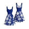 Robe de vacances à motif de feuilles de fleurs d'hibiscus, buste froncé, ceinture, col en cœur, robe trapèze mini décontractée - Bleu XXXL | US 16