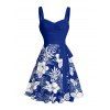 Robe de vacances à motif de feuilles de fleurs d'hibiscus, buste froncé, ceinture, col en cœur, robe trapèze mini décontractée - Bleu XXXL | US 16