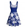 Robe de vacances à motif de feuilles de fleurs d'hibiscus, buste froncé, ceinture, col en cœur, robe trapèze mini décontractée - Bleu XXXL | US 16