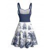 Vacation Couple Outfit Marine Life Mermaid Ship Octopus Wave Pattern Ruched Bust Dress and Button Up Shirt Beach Matching Outfit - Bleu profond S | US 4