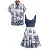 Vacation Couple Outfit Marine Life Mermaid Ship Octopus Wave Pattern Ruched Bust Dress and Button Up Shirt Beach Matching Outfit - Bleu profond S | US 4