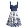 Vacation Couple Outfit Marine Life Mermaid Ship Octopus Wave Pattern Ruched Bust Dress and Button Up Shirt Beach Matching Outfit - Bleu profond S | US 4