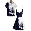 Vacation Couple Outfit Contrast Color Flower Leaf Pattern Ruched Bust Dress and Button Up Shirt Casual Matching Outfit - Bleu profond S | US 4