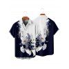 Vacation Couple Outfit Contrast Color Flower Leaf Pattern Ruched Bust Dress and Button Up Shirt Casual Matching Outfit - Bleu profond S | US 4