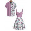 Vacation Couple Outfit Colorblock Floral Leaf Pattern Ruched Bust Sweetheart Neck A Line Mini Dress and Button Up Shirt Matching Outfit - Violet clair S | US 4