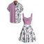 Vacation Couple Outfit Colorblock Floral Leaf Pattern Ruched Bust Sweetheart Neck A Line Mini Dress and Button Up Shirt Matching Outfit - Violet clair S | US 4