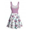 Vacation Couple Outfit Colorblock Floral Leaf Pattern Ruched Bust Sweetheart Neck A Line Mini Dress and Button Up Shirt Matching Outfit - Violet clair S | US 4