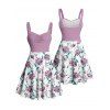 Vacation Couple Outfit Colorblock Floral Leaf Pattern Ruched Bust Sweetheart Neck A Line Mini Dress and Button Up Shirt Matching Outfit - Violet clair S | US 4