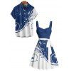 Colorblock Leaf Print Ruched Bust Mini Belted Dress And Short Sleeve Vacation Shirt Matching Outfit - Bleu S | US 4
