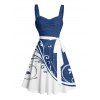 Colorblock Leaf Print Ruched Bust Mini Belted Dress And Short Sleeve Vacation Shirt Matching Outfit - Bleu S | US 4
