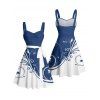 Colorblock Leaf Print Ruched Bust Mini Belted Dress And Short Sleeve Vacation Shirt Matching Outfit - Bleu S | US 4