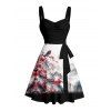 Robe de vacances à imprimé floral de pêcher, motif oiseau et montagne, buste froncé, ceinture, décolleté en cœur, coupe trapèze, mini, décontractée - Noir XXXXXL | US 20