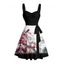 Robe de vacances à imprimé floral de pêcher, motif oiseau et montagne, buste froncé, ceinture, décolleté en cœur, coupe trapèze, mini, décontractée - Noir XXXXXL | US 20