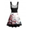 Robe de vacances à imprimé floral de pêcher, motif oiseau et montagne, buste froncé, ceinture, décolleté en cœur, coupe trapèze, mini, décontractée - Noir XXXXXL | US 20