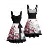 Robe de vacances à imprimé floral de pêcher, motif oiseau et montagne, buste froncé, ceinture, décolleté en cœur, coupe trapèze, mini, décontractée - Noir XXXXXL | US 20