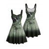 Robe de vacances à motif tourbillonnant de fleurs et de feuilles ombrées, buste froncé, col en cœur, robe trapèze mini décontractée - Vert profond XXXXXL | US 20